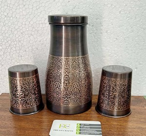 Juego de 3 botellas de agua de cobre Ayurvédico personalizadas, recipientes portátiles de Metal puro, diseño de flores grabadas, artesanías de Metal chapadas - Product Image 3