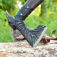 Tête de hache Tomahawk artisanale en acier à haute teneur en carbone, intégrale, style Viking, avec manche en bois de rose, 5 lames coupantes, 18 pouces de longueur totale - Cadeau