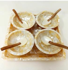 Ensemble de bol à soupe et à fruits en incrustation de nacre de haute qualité poli sur mesure écologique avec plateau pour vaisselle de dîner - Product Image 1