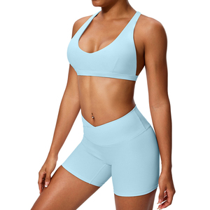 ชุดบรากางเกงขาสั้นโยคะรัดรูประบายอากาศได้ดีสำหรับผู้หญิงแห้งเร็วชุดเล่นกีฬาออกกำลังกายด้านหลังยืดได้ตัดเป็นชิ้น V พร้อมซับในผ้าสแปนเด็กซ์ - Product Image 3
