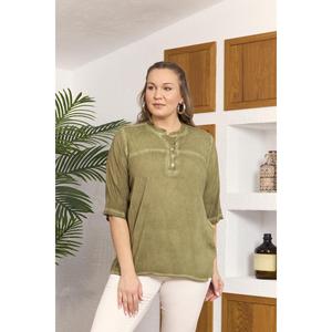 Blusa de Viscosa Color Caqui Talla Grande RMG con Detalle de Cuello con Lentejuelas para Mujer - Blusa de Verano Tejida Cómoda - Product Image 1