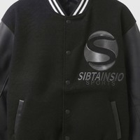 Blouson bomber noir premium avec manches en cuir véritable, blouson bomber personnalisé style Letterman, col côtelé à boutons pression