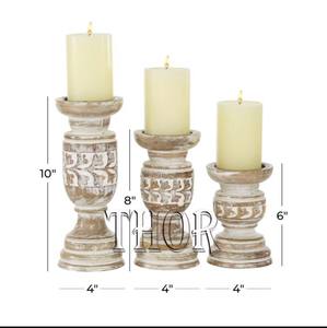 Juego de 3 portavelas de madera talladas a mano, soporte de vela de Pilar decorativo para sala de estar, mesa, centro de mesa, acabado de lavado blanco - Product Image 5