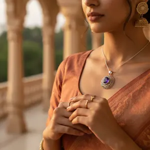 Handmade 925 Silver <b>Amethyst</b> Pendant with Rose Gold Religious Style Quartz Gemstone Jewelry for Women Made in India - Product Image 3