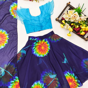 Shoryam Fashion Boutique, Lehenga Choli Azul para Niñas, Completamente Cosido, Largo hasta el Suelo, Estampado Floral Grande, Tela de Organza, Estilo Étnico para Fiestas - Product Image 1