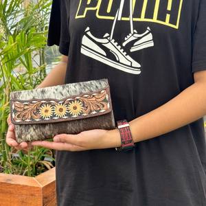 Cartera plegable de cuero para mujer, billetera de cuero genuino cosida a mano, billetera para tarjetas de crédito, cartera Floral occidental - Product Image 2