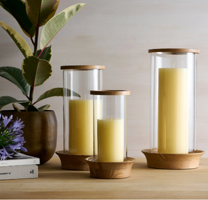 Centre de table de mariage en verre soufflé à la main, cylindre transparent, cheminée à bougie, support de bougie ouvert avec base en bois - Product Image 2