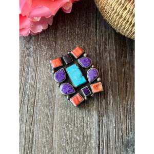 Broche Vintage Navajo de Turquesa Esmaltada con Perlas y Cristales, Multicorales, de Plata Esterlina, Regalo para Ocasiones Especiales, Tecnología de Esmaltado - Product Image 2