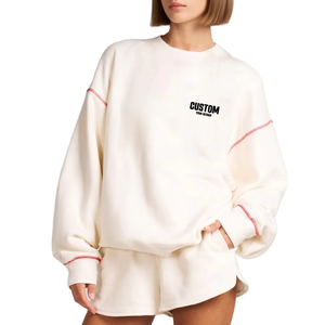 Ensemble de sweatshirts longs en coton molletonné personnalisé pour femmes de haute qualité avec broderie Boxy col rond automne hiver - Product Image 1