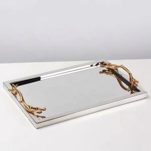 Beautiful Attractive Stainless Steel <b>Serving</b> <b>Tray</b> <b>with</b> Embedded Gold Leaf Branch <b>Handles</b> Amazing Restaurant Supplies - Product Image 1
