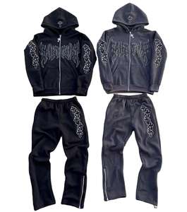 Puff estampado logotipo personalizado Flare Sweatsuit chándal 100% algodón crudo dobladillo con capucha acampanado pantalones de chándal hombres Sweatsuit - Product Image 5