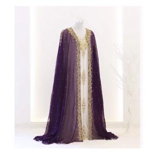 <b>Purple</b> White Georgette Kaftan Zari Embroidered Arab Style Farasha <b>Dress</b> for Wedding Festivals Handcrafted Traditional Breathable - Product Image 1