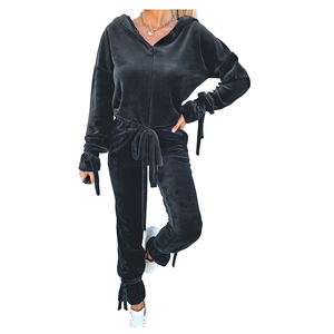 Elegante chándal de terciopelo de talla grande para mujer Sudadera con capucha moderna con cremallera frontal Top de manga larga y pantalones adecuados para gimnasio y viajes - Product Image 4