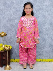 Pure Cotton Girls Traditional Kurti Pant Set with Lace Floral Print Weaving Comfortable Ethnic Wear for Party & Festival Events - Product Image 2