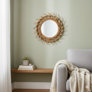 Miroir rond de coiffeuse/mural ECONA, magnifique, écologique, fait à la main en bambou et en rotin tressé, design bohème en forme de soleil pour salle de bain et chambre à coucher - Product Image 3