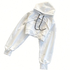 Fabrication du client Sweat à capuche solide en polaire fine et douce pour femmes Sweat à capuche tricoté respirant avec cordon de serrage Tops courts - Product Image 3