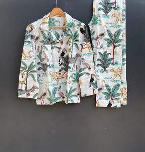 Ensemble de pyjamas en pur coton imprimé tigre Vêtements de nuit de luxe Costume de nuit doux cadeau pour elle-Coton indien - Product Image 5