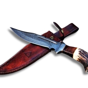 Couteau Bowie fait à la main avec lame en acier damas et gaine en cuir Support OEM personnalisable pour le camping. - Product Image 1