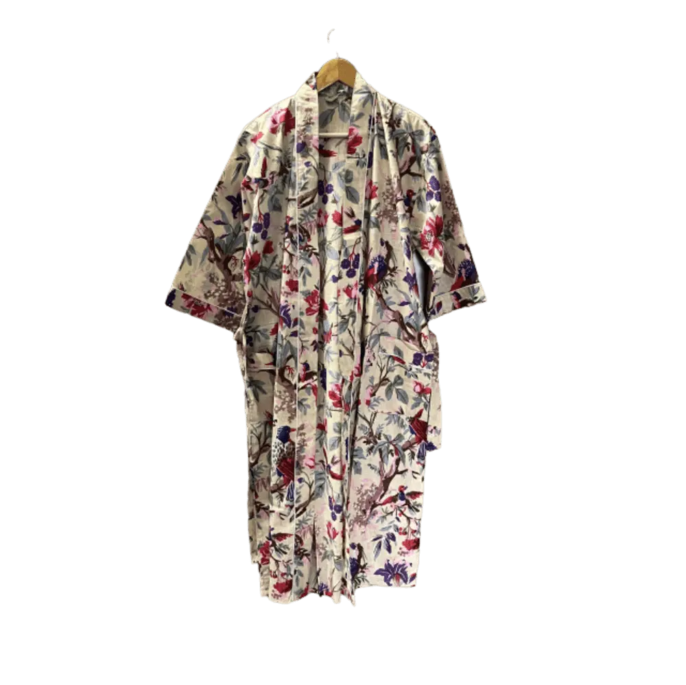 Kadın pamuk baskılı Kimono elbiseler uzun örgü bornoz hafif yumuşak pijama v yaka Casual bayanlar Loungewear gecelikler-bej