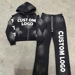 Ropa de calle personalizada para niños, sudadera holgada con capucha y pantalones apilados, chándales de lavado ácido para niños, chándales acampanados recortados estampados DTG - Product Image 4