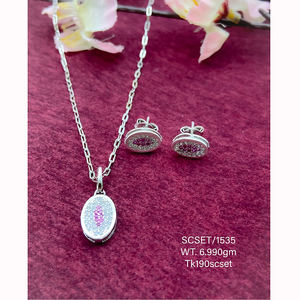 Classic Rhodium Plated Pink Zircon Shiny Hexagon <b>Necklace</b> 9.48 Gms Charms 925 Silver Pendant with Chain and Earrings US$33/set - Product Image 3