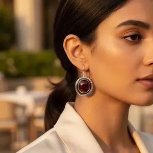 Boucles d'oreilles pendantes vintage en argent 925 pour femmes, pendentif en cornaline rouge avec perle d'eau douce pour les fêtes - Product Image 3