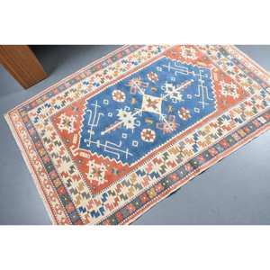 Kilim Bleu Rouge Grand Tapis 3.7X5.5 pieds Tissage Plat Laine Turque avec Support en Latex pour Couloir ou Chambre Effet 3D Peluche - Product Image 2