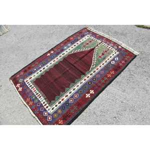 Turkish Rug, Accent 4x5.4 ft Vintage Rug, <b>Red</b> Bordered <b>Wool</b> Rug - Product Image 2