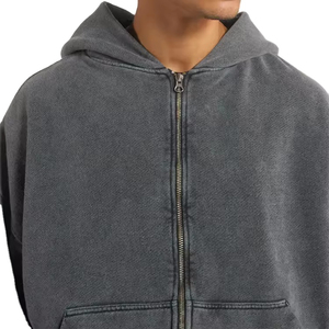 Sweat à capuche mélangé de luxe 450g en coton épais Street Wear graphique DTG Logo Boxy recadrée délavé à l'acide Zip brodé - Product Image 6