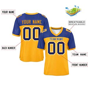 Maillot de football américain personnalisé pour homme, col en V en mesh, impression sublimée, anti-humidité, jaune et bleu, nom et numéro de l'équipe 00 - Product Image 2