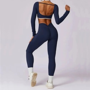 Women's Gym Sportswear Yoga <b>Set</b> Long Sleeve Athletic Crop <b>Top</b> <b>and</b> <b>Legging</b> Solid Pattern Fitness Bra <b>and</b> Push Workout Clothes - Product Image 2