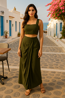 Kadın Kısa Kollu Crop Üst ve Geniş Paça Etek Takımı Sokak Modası Dar Kesim Pileli Saten Modern Polyester Yazlık Tatil Kıyafeti