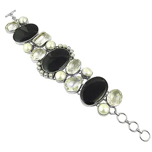925 <b>Silver</b> Gemstone Bracelet for <b>Women</b> with Onyx & Citrine Elegant Crystal Bangles - Product Image 1