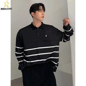 Polo rayé noir et blanc à manches longues pour hommes, chemise décontractée pour les trajets quotidiens, vêtements d'automne - Product Image 4