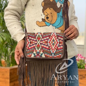 New Handmade Hot Sale Jacquard Suede Leather Fringe Sling <b>Bag</b> Multi Use New Vintage Design <b>Crossbody</b> <b>Bag</b> <b>Cheap</b> Rate Bulk Product - Product Image 1