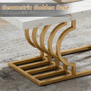 Table basse de luxe au design écologique moderne, plateau en faux marbre blanc et or, base en métal doré géométrique - Product Image 5