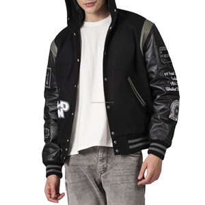 Veste universitaire unisexe à capuche en laine avec manches en cuir végétalien, broderie graphique sur le devant, patchwork, style Letterman urbain - Product Image 3