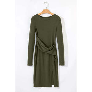 Mini Abito a Maniche Lunghe con Spacco, Collo a V, Tinta Unita, Silhouette Aderente a Tubino, Sexy, Stile Casual da Club, in Spandex Jacquard per Estate e Inverno - Product Image 6