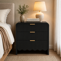 Table de chevet noire à 3 tiroirs cannelés, armoire de rangement en panneaux de particules ondulés pour chambre à coucher et appartement