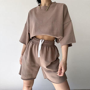 Conjunto de pantalones cortos de 2 piezas de gran tamaño, personalizado, con hombros caídos, cuello redondo, informal, tela de rizo francés, manga corta, Conjunto de camiseta y pantalones cortos para mujer - Product Image 2