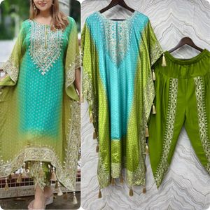 Elegante bordado puro Chinon seda Kaftan Dhoti conjunto de diamantes de imitación lentejuelas diamantes de imitación impresión Digital Latkan encaje vestidos casuales - Product Image 2