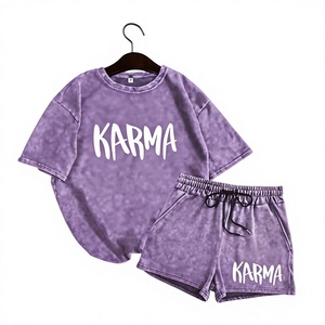 Ensemble T-shirt et short en coton imprimé Karma pour homme – Tenue décontractée d'été à col rond, tricotée, respirante, lavée, couleur violet - Product Image 1
