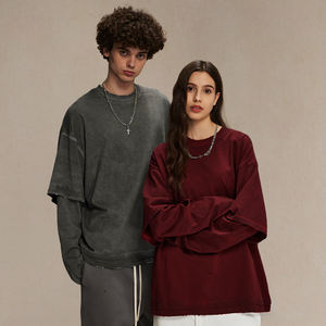 Streetwear personnalisé sérigraphie lavé usé à manches longues double couche T-shirt hommes semblables deux pièces Hip Hop T-shirt pour hommes - Product Image 6