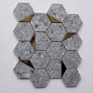 Norr Dolphin 3 pulgadas 73mm hexágono pared mosaicos único moderno Metal oro piedra vidrio cerámica malla porcelana para Interior de baño - Product Image 1