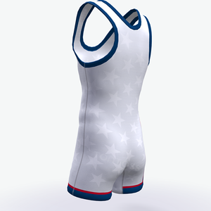 Combinaison de lutte unisexe blanche imprimée par sublimation avec motif étoiles et rayures, tissu en spandex super doux et respirant pour adultes - Product Image 5
