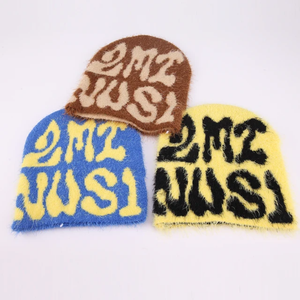 Custom Jacquard Logo Winter Beanie High-End Imitation Mink Fur Velvet <b>Fluffy</b> Knit Mohair with Hand Embroidery Warm and Fuzzy - Product Image 3