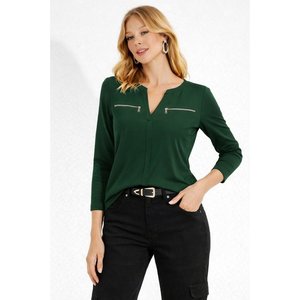 Chemisier en viscose à manches longues et col en V pour femme avec détail fermeture éclair, 31823 - Vert - Product Image 2