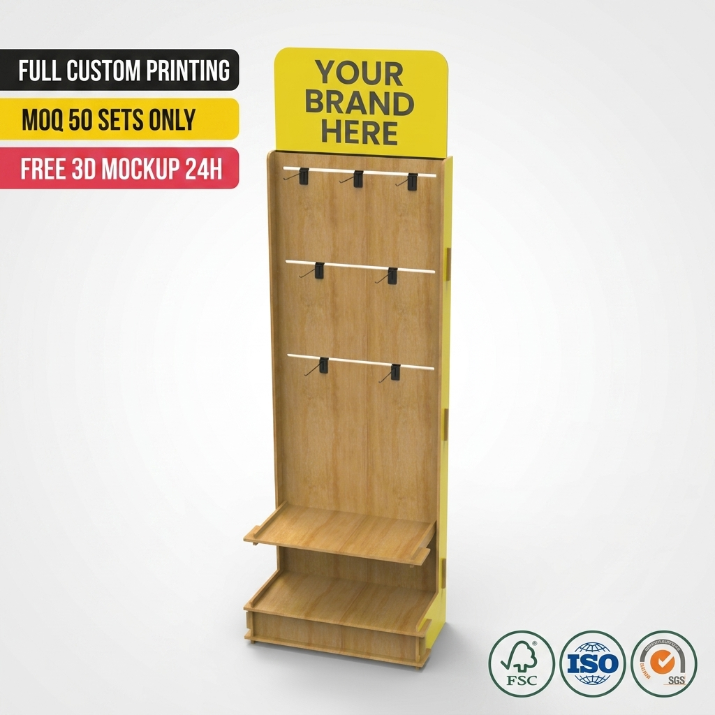 Custom Wooden Beef Jerky Display Rack | Floor Standing Snack Food Display Stand with Hooks & Shelves | Retail Store Display Rack — view 1