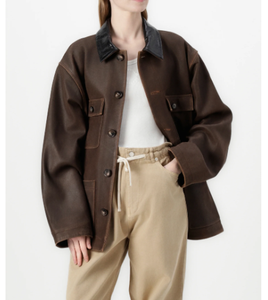 แจ็กเก็ตหนังแฟชั่นสำหรับสตรีแบบรูดซิปด้านหน้าสำหรับสุภาพสตรีสีน้ำตาลดำแบบลำลอง - Product Image 4