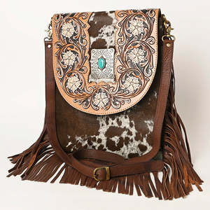 Handmade Cowhide Leather <b>Fringe</b> Crossbody <b>Bag</b> with Floral Tooled Design Turquoise Concho Western Boho Style for Women - Product Image 1